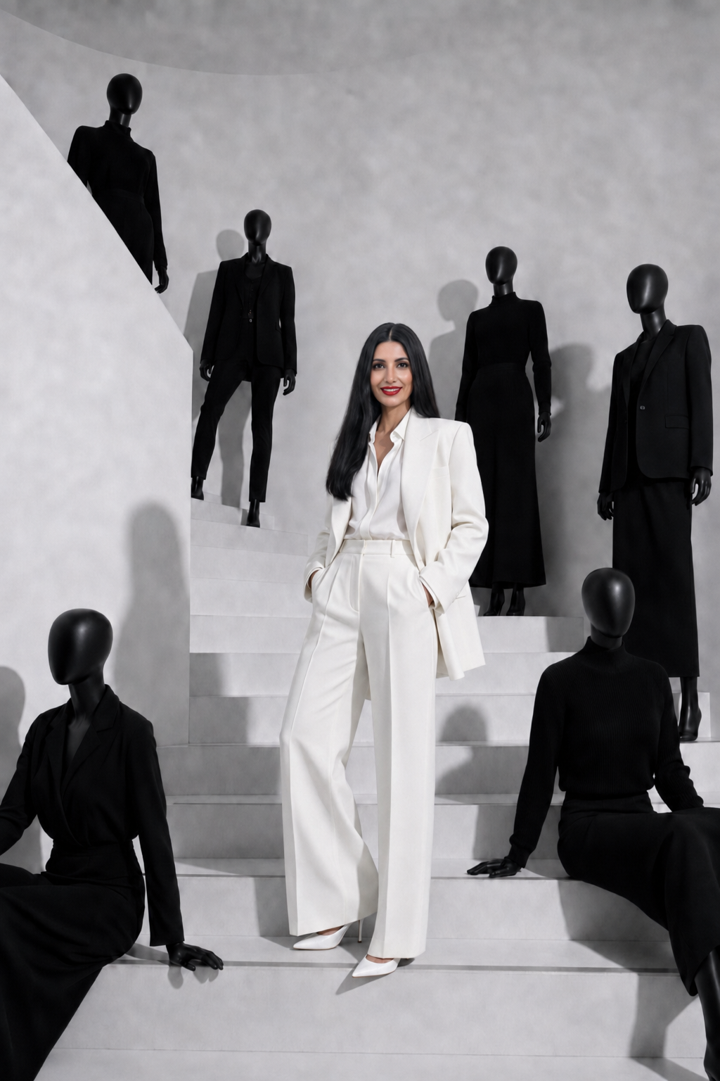Singhnificance founder, styled in a crisp white tailored suit, standing among a row of styled mannequins on a sculptural staircase.