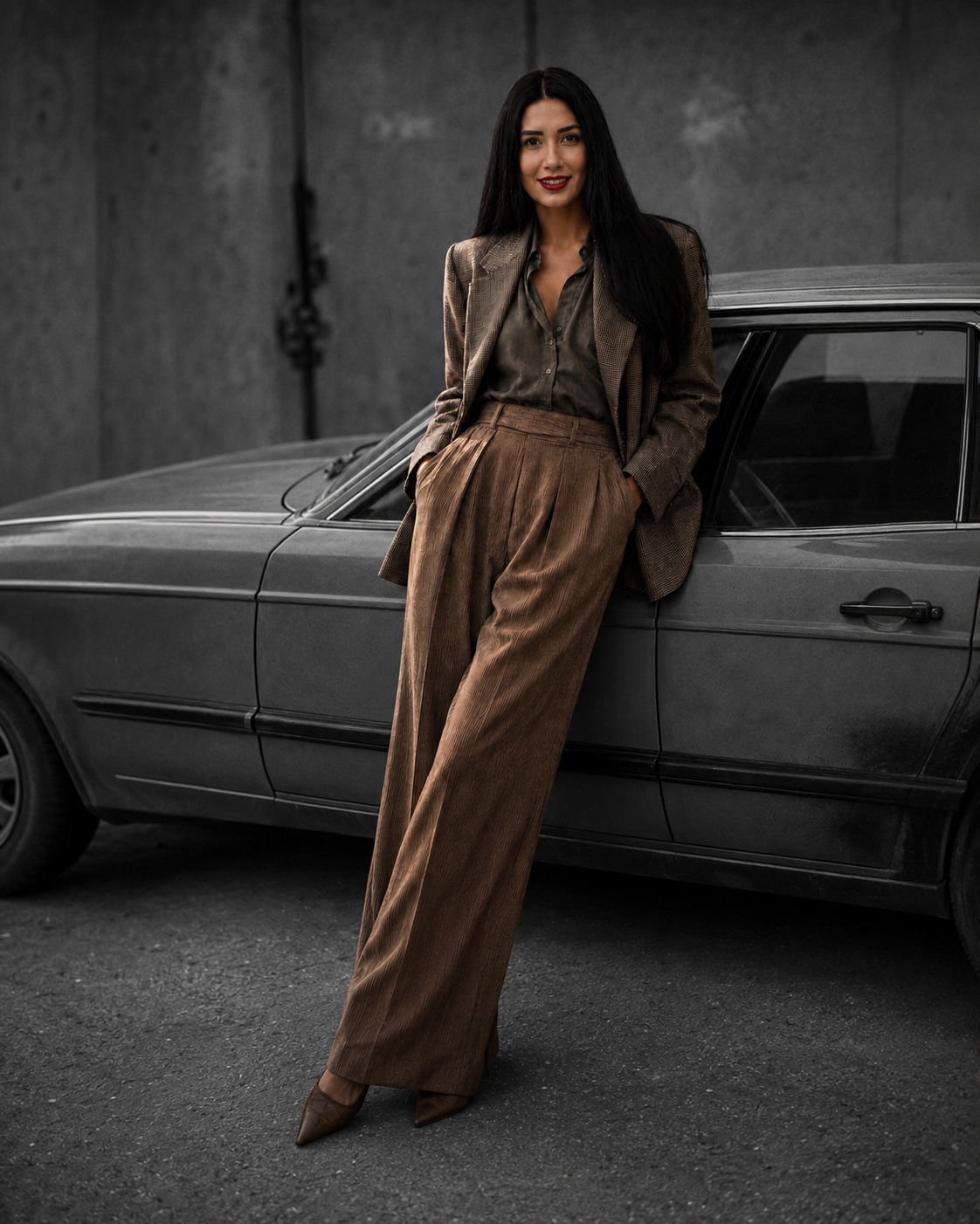 Nikhita Singh, founder of Singhnificance, in a tailored blazer and wide-leg trousers, leaning against a vintage car, shown in colour against a black and white background.