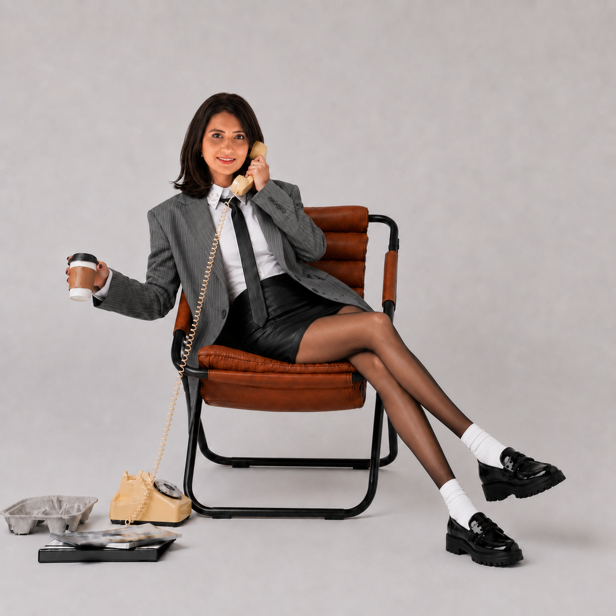 A woman in an editorial grey suit and black leather skirt, seated in a mid-century leather chair, laughing on a vintage cream rotary telephone with a coffee in hand.